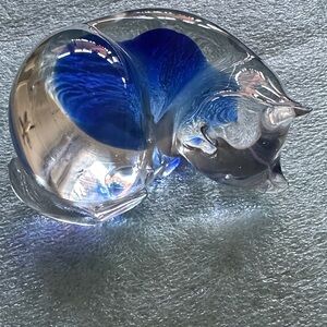 Blue and Clear Glass Sleeping Cat Figurine